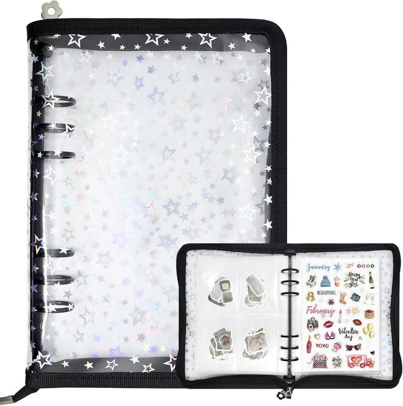 Ruatu Sticker Storage Organizer Binder A5 Sticker Collecting Book Reusable Zipper Album with Clear Laser Star Cover and Pocket Pages (Black) - Image 1